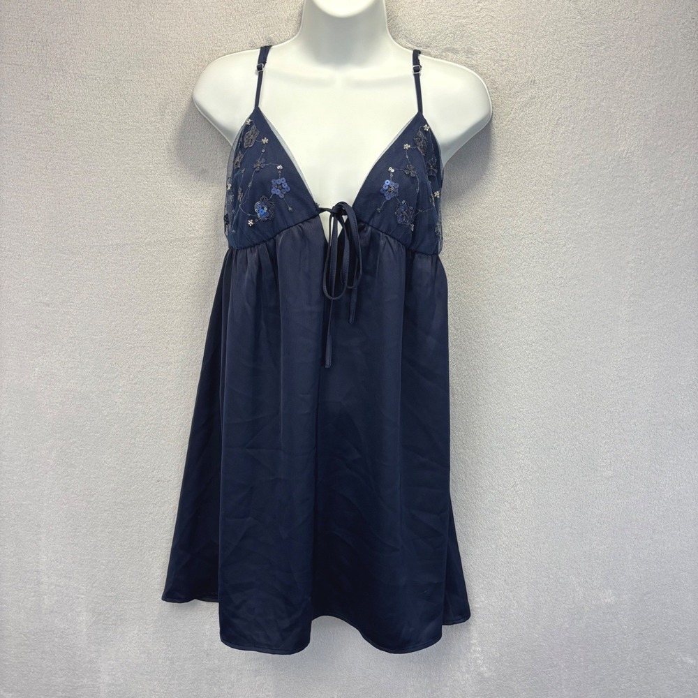 Y2K Satin Babydoll Dress Womens Large Navy Blue Sequin Empire Mini Smocked HOCO